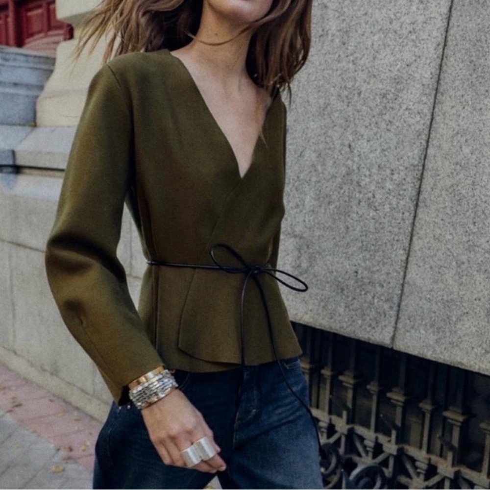 NWT Zara Belted Cardigan Jacket | Quiet Luxury Minimalist Chic Dark Khaki 9598